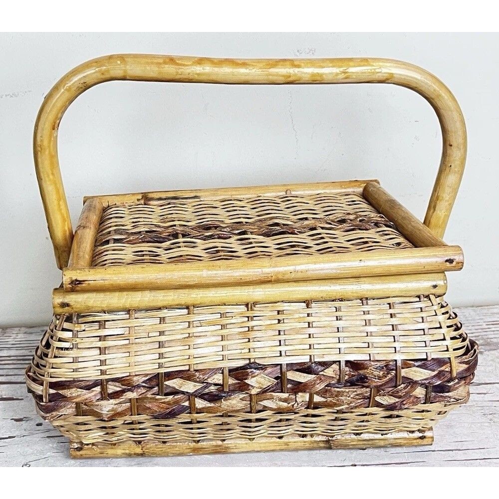 Vintage Bamboo And Wooden Weave Traveling Sewing Basket Cottage Home 12”